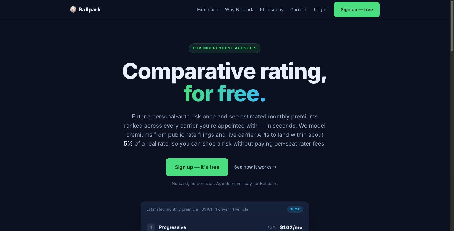 The Ballpark homepage, headlined “Comparative rating, for free.”, above a demo premium comparison.