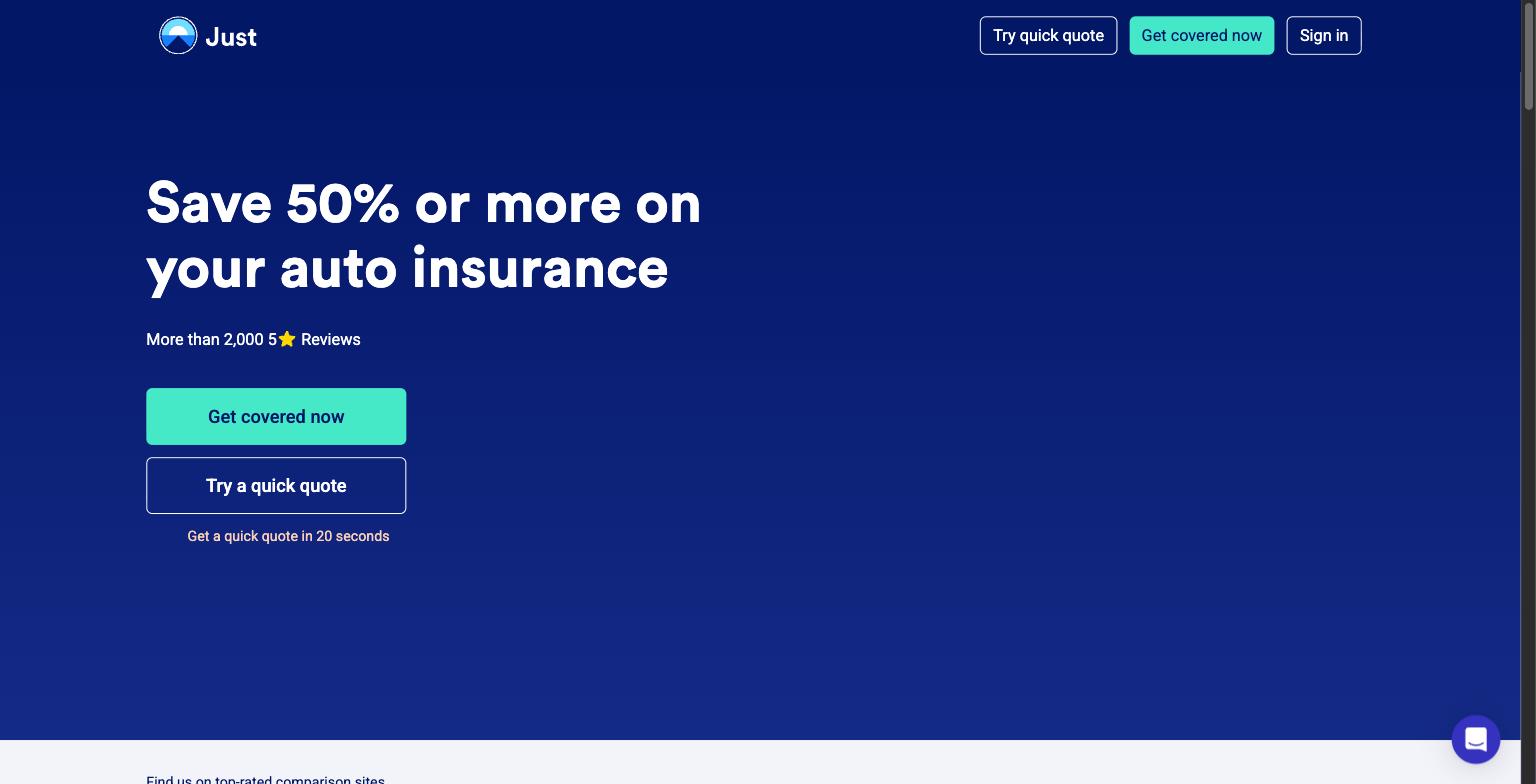 The Just Insure homepage, headlined “Save 50% or more on your auto insurance”.