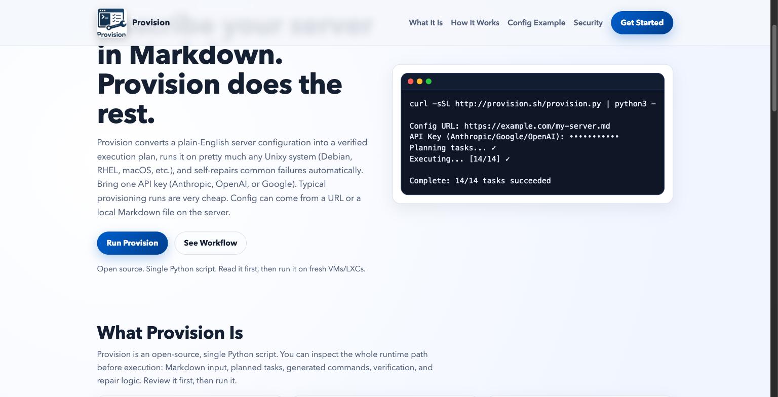 The Provision homepage, headlined “Describe your server in Markdown. Provision does the rest.”, beside a terminal showing a completed run.