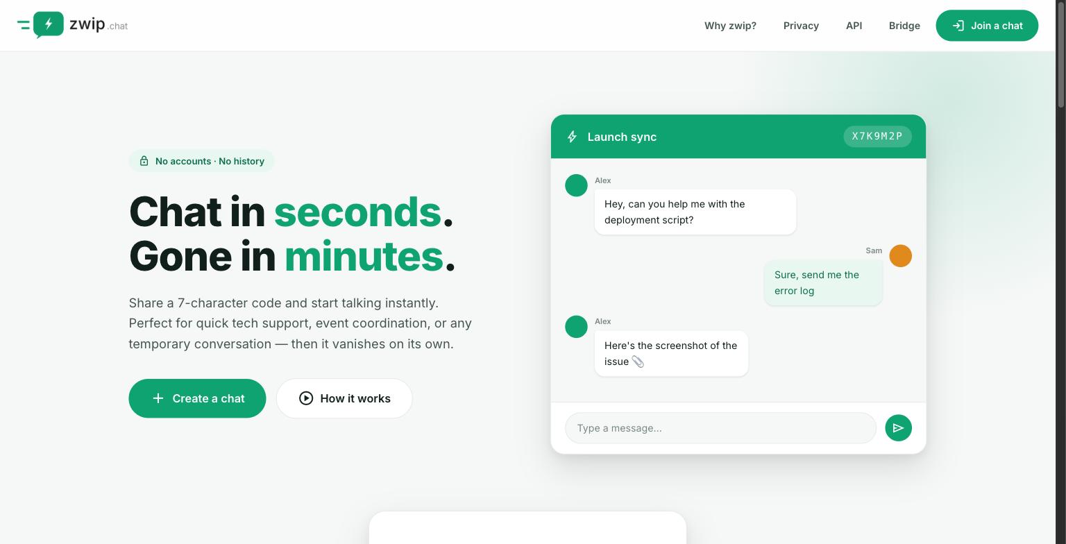 The zwip.chat homepage, headlined “Chat in seconds. Gone in minutes.”, beside a sample chat room.
